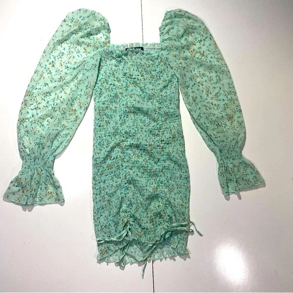 Roll’n Deep Clothing Company BlueishGreen Smocked  Ballon Sleeves Floral Dress L - Picture 3 of 13